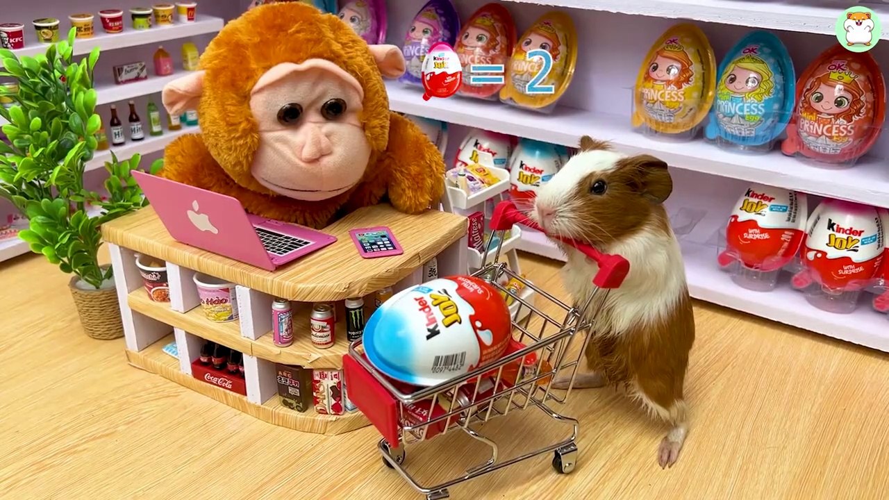 Hamster Min doing shopping in Kinder Joy eggs store and eat Chocolate