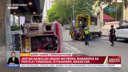 Jeep na nawalan umano ng preno, bumangga sa poste at tumagilid; 12 pasahero, nasaktan | UB