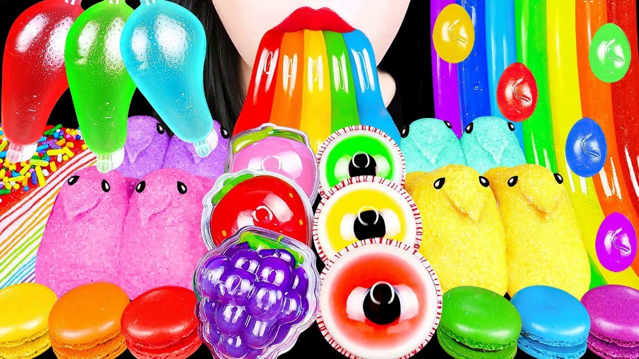 ASMR RAINBOW DESSERTS RAINBOW DRINKS EYEBALL GUMMY PEEPS MARSHMALLOW JELLY EATING MUKBANG