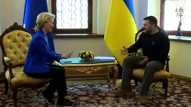 Zelensky greets Von der Leyen in Kyiv as Ukrainian flag raised outside European Commission HQ