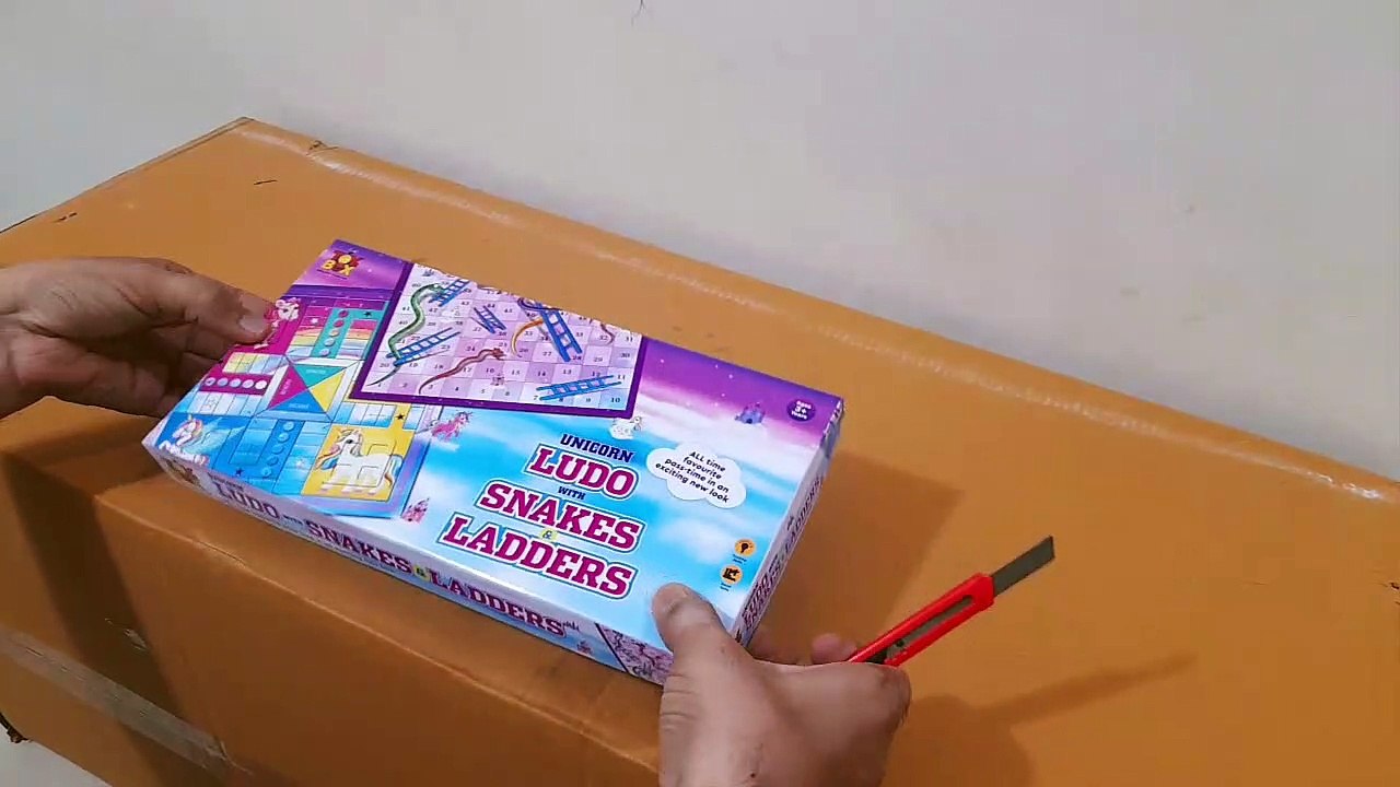 Unboxing and Review of toysbox unicorn printed ludo and snake ladder for kids vacation