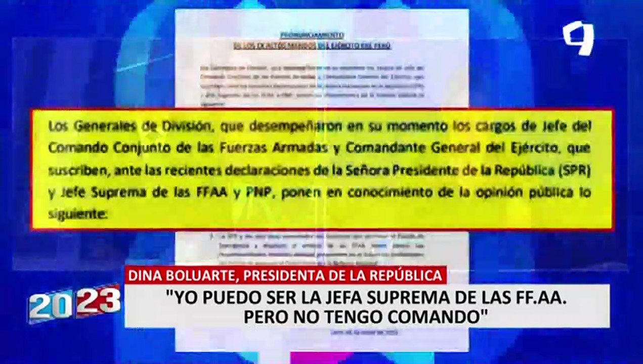 Exaltos mandos del Ejército rechazan declaraciones de Dina Boluarte