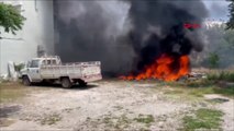 Yangında alevlerden kamyoneti kurtarma çabası