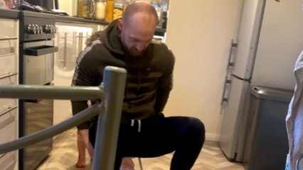 Fun dad playing with daughter breaks the pram under him with his weight