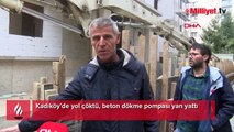 Kadıköy'de yol çöktü, beton dökme pompası yan yattı