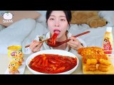 ASMR MUKBANG Tteokbokki made by Chat GPT. Potato Cheese Hot dog, Octopus Rice balls.