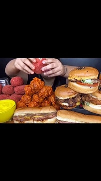 Mukbang Spicy Indian fried chicken, big burgers, hotdogs