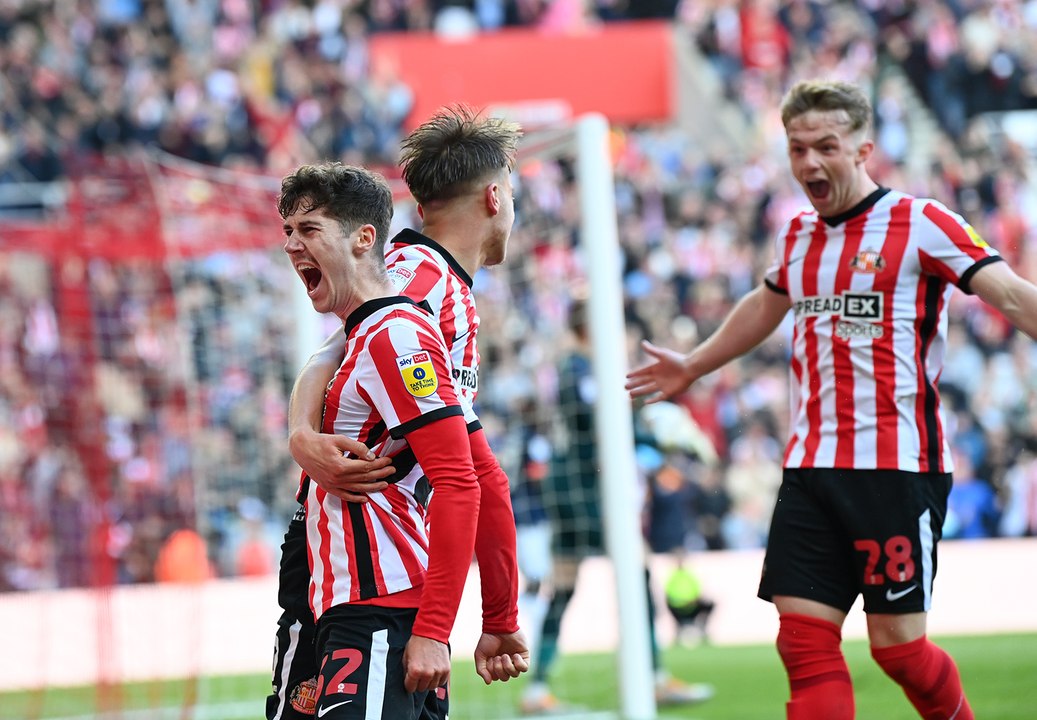 Joe Nicholson reacts after Sunderland's 2-1 win over Luton in the play-off semi-final first leg