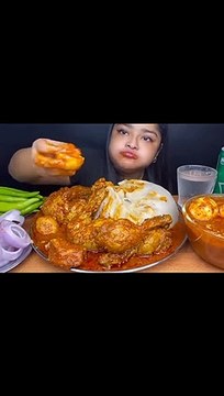 Mukbang fufu with Indian spicy curry chicken, spicy egg, chickpeas, sprite drink wow