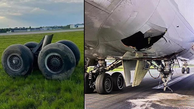 Acil iniş yapan kargo uçağının iniş takımı koptu