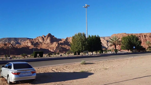 A view of the winter park of Madain Saleh, Al-Ula, surrounded by ancient rocks.