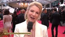 Catherine Deneuve interrogée avant sa montée des marches lors de la 76e édition du Festival de Cannes, dont sa fille Chiara Mastroianni est la maîtresse de cérémonie. Le 16 ami 2023.
