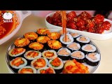 ASMR MUKBANG BULDAK Fire spicy Ramen, Kimbap, Spam, Sweet and Sour Chicken, Cheese Kimchi rice.