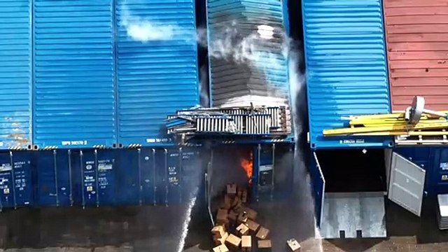 Drone footage shows Grantham fire crews tackling container fire