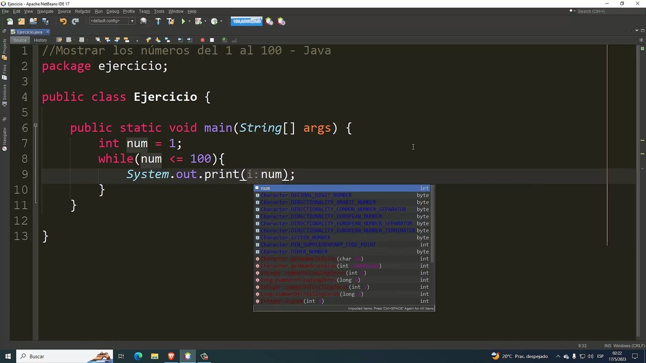 Mostrar los números del 1 al 100 en Java