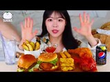 ASMR MUKBANG Cheese Burger, Chicken Burger, Seasoned Thigh chicken, Cheese sticks, Nugget.