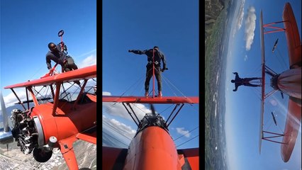 DARING WING WALKER climbs on top of plane mid-flight then flies upside down!