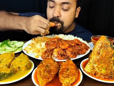 Mukbang Indian spicy prawn , curried snapper head, curried tuna, tuna curry