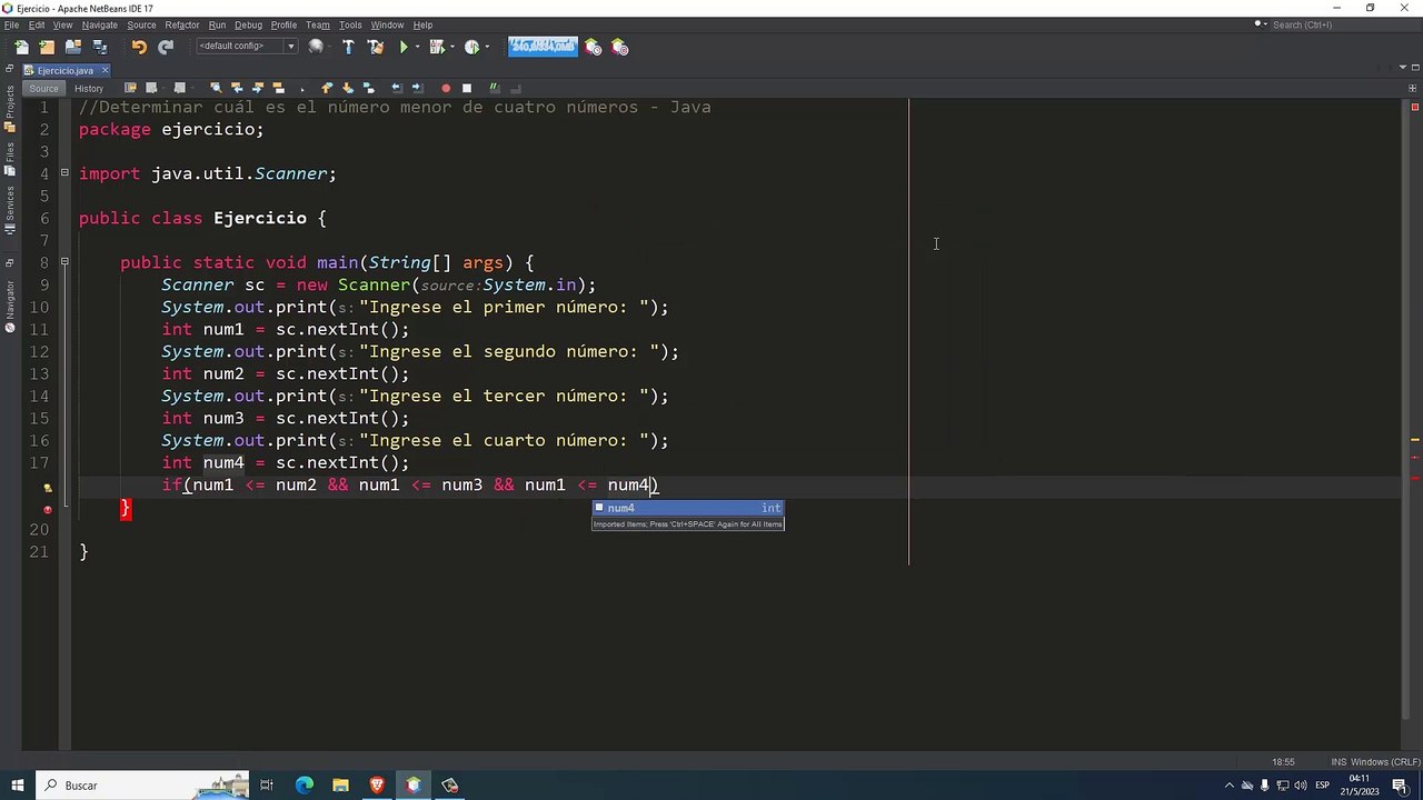 Determinar cuál es el número menor de cuatro números en Java