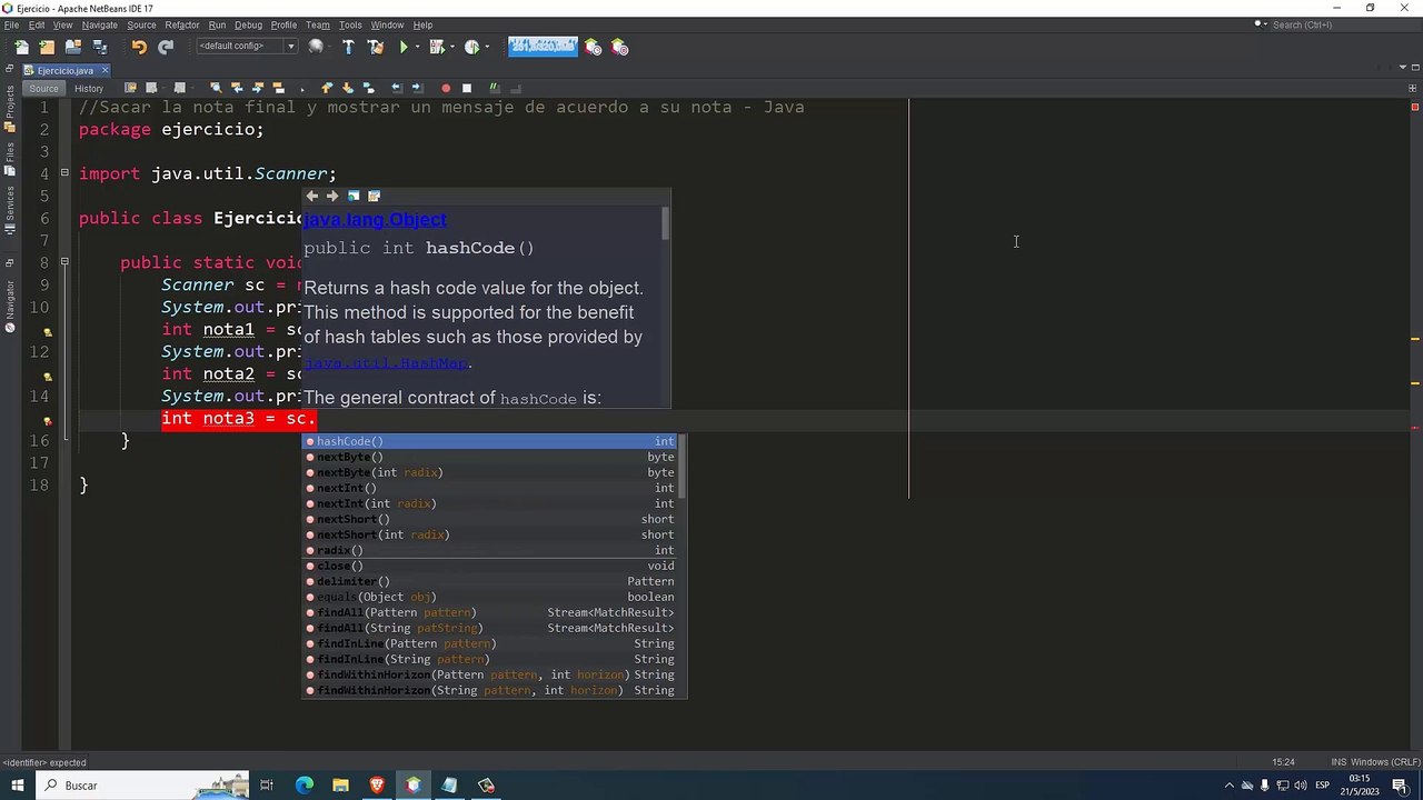 Sacar la nota final y mostrar un mensaje de acuerdo a su nota en Java