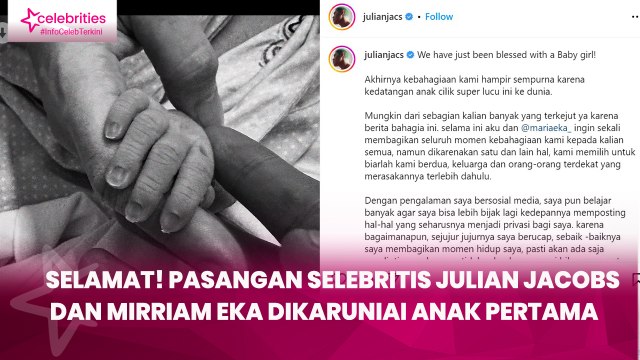 Selamat! Pasangan Selebritis Julian Jacobs dan Mirriam Eka Dikaruniai Anak Pertama
