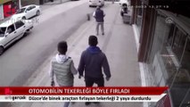 Düzce'de otomobilin tekerinin yola fırlama anı kamerada