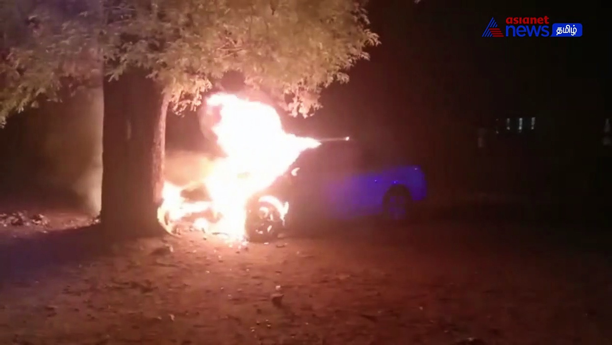 Watch : குறுக்கே சென்ற நாயால் மரத்தில் மோதிய கார்! தீப்பற்றி எரிந்ததால் பரபரப்பு!