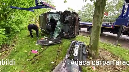 Ağaca çarpan araç yan yatarak durabildi