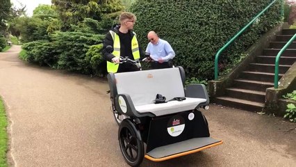 SuffolkNews reporter Cameron Reid trying to reverse a rickshaw