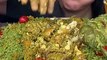 Green rice mukbang, Indian curry chicken, tomatoes