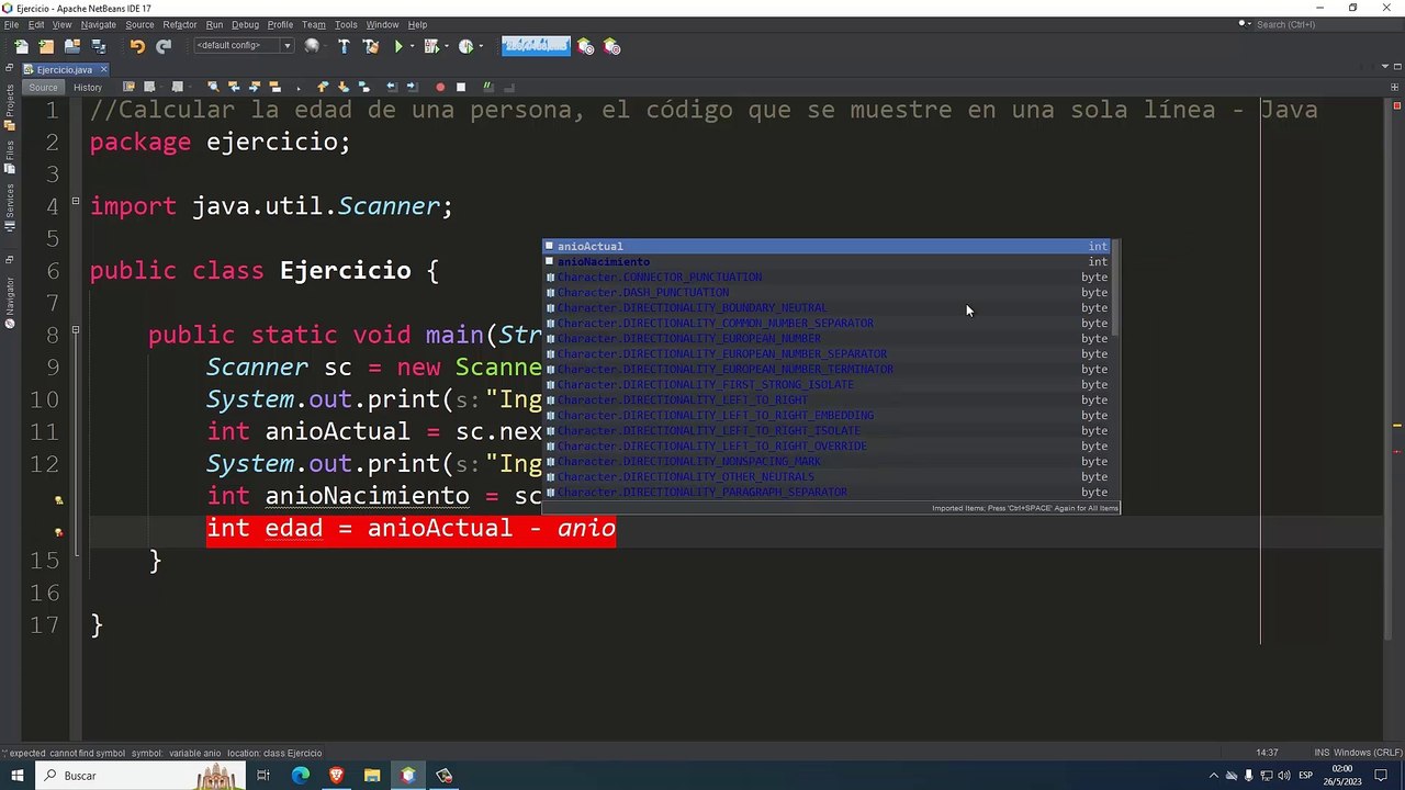 Calcular la edad de una persona, el código que se muestre en una sola línea en Java