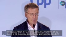 Ayuso, Almeida y Feijóo celebran la victoria en el balcón de Génova: «Empieza un nuevo ciclo político»