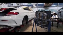 Mercedes-Benz CLS repair on Celette bench with dedicated jigs
