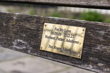 Mystery plaque appears on bench - paying tribute to 'Husband, Father, Adulterer'