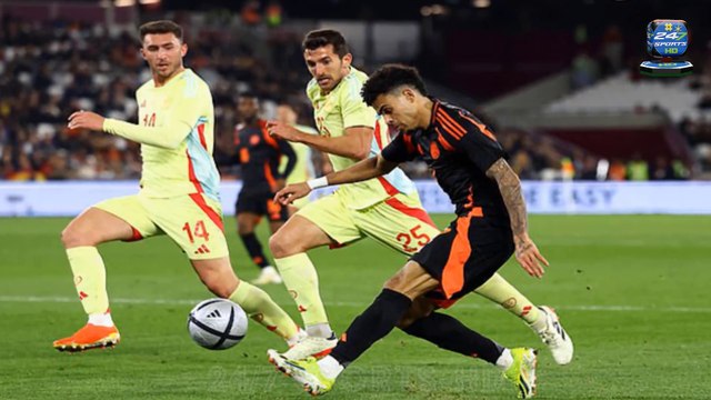 Wild celebrations ensue as Daniel Munoz scores absolute screamer to seal a historic 1-0 victory for Colombia against Spain at the London Stadium