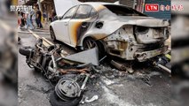 竹縣新埔騎士撞飛阿婆 連人帶車噴對向再撞Lexus火燒車（警方提供）