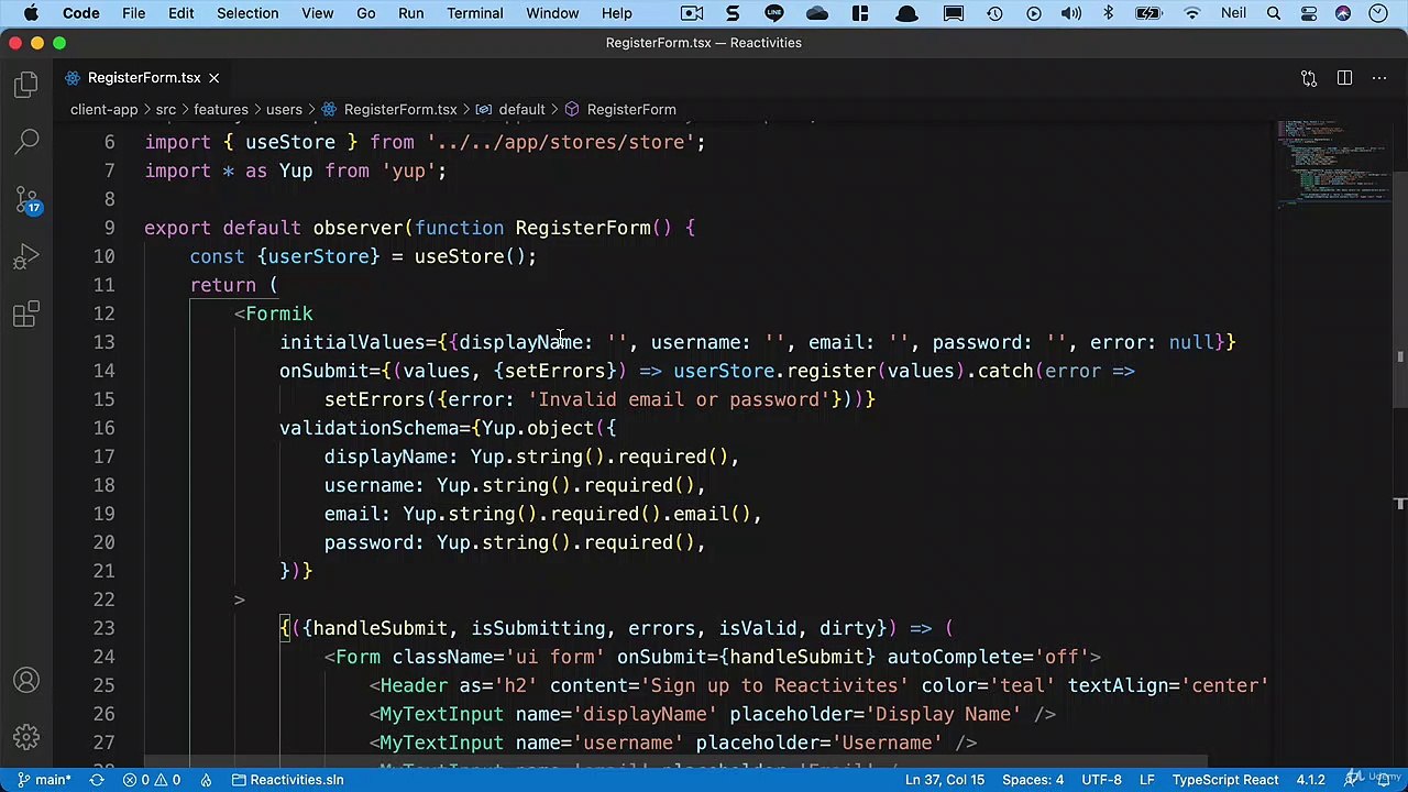 Net. Core and React Client side login and registraHandling validation errors in the register form