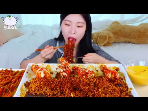 ASMR MUKBANG Sweet potato vines Kimchi, Black bean noodles, SUPREME Seasoned Chicken, Cheese Fondue
