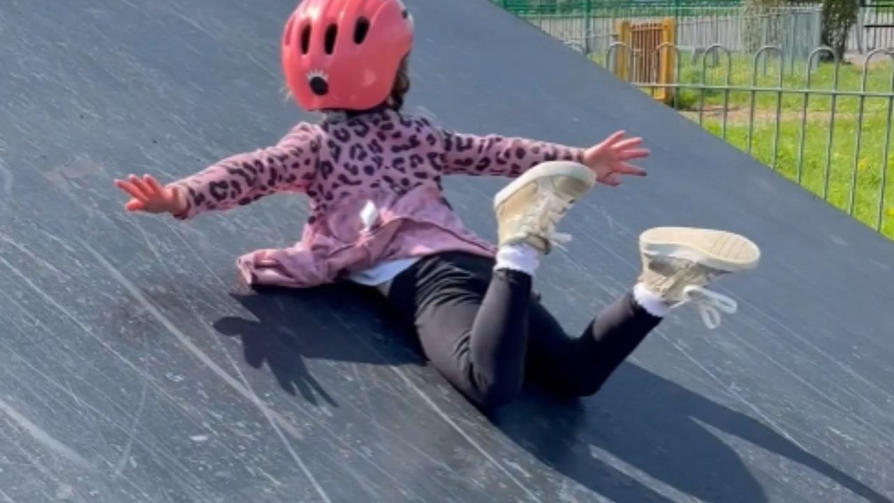 Identical Triplets unlock a new level of joy while belly-surfing in skate park