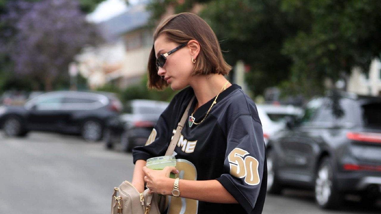 Hailey Bieber Went Pantsless in the Slouchiest Jersey and Ultra Comfy Sneakers