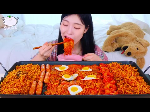 ASMR MUKBANG Spicy Fire foods Special, Fire noodles, Enoki Mushroom, Shrimp, Sausage
