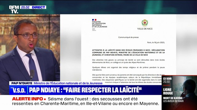 Prières à l'école à Nice: Les parents ont été convoqués et les élèves rappelés aux obligations relatives à la neutralité religieuse , indique Pap Ndiaye