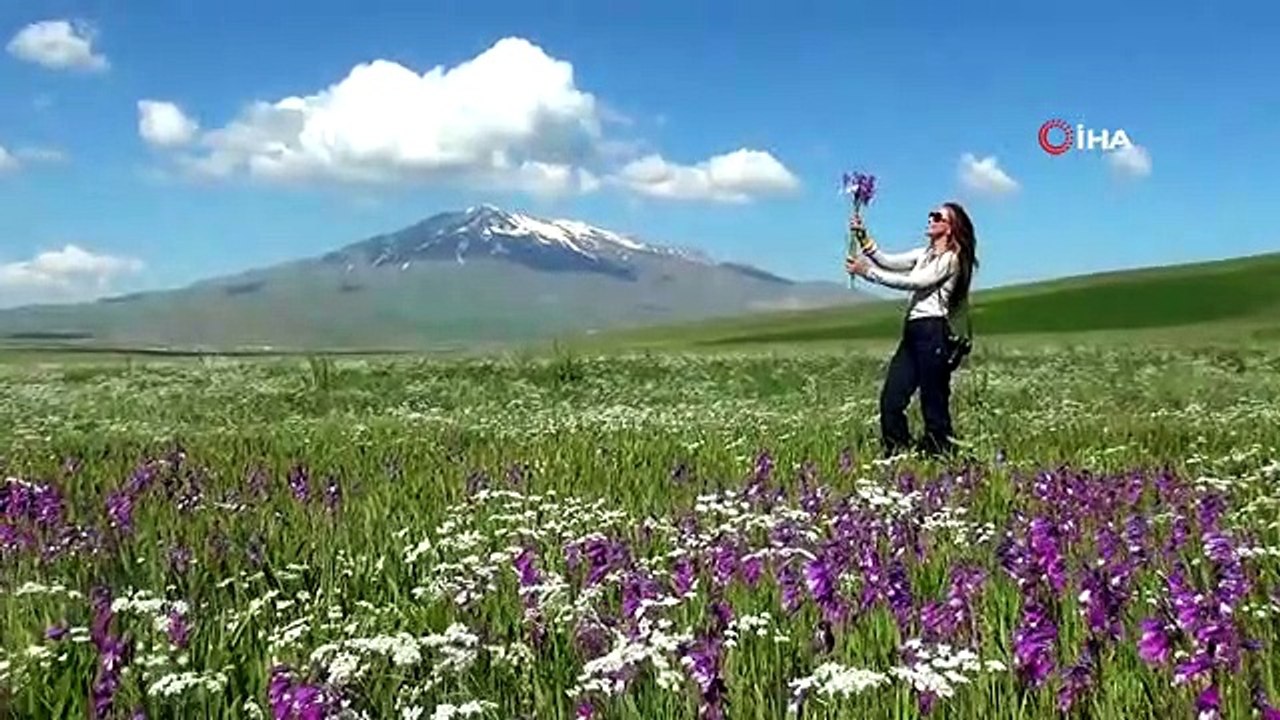 Bahar çiçekleriyle renklenen Sütey Yaylası ve Süphan Dağı hayranlık uyandırıyor