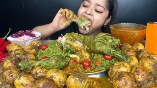 Mukbang Green Chicken Pulao with cherry Tomatoes
