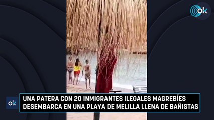 Download Video: Una patera con 20 inmigrantes ilegales magrebíes desembarca en una playa de Melilla llena de bañistas