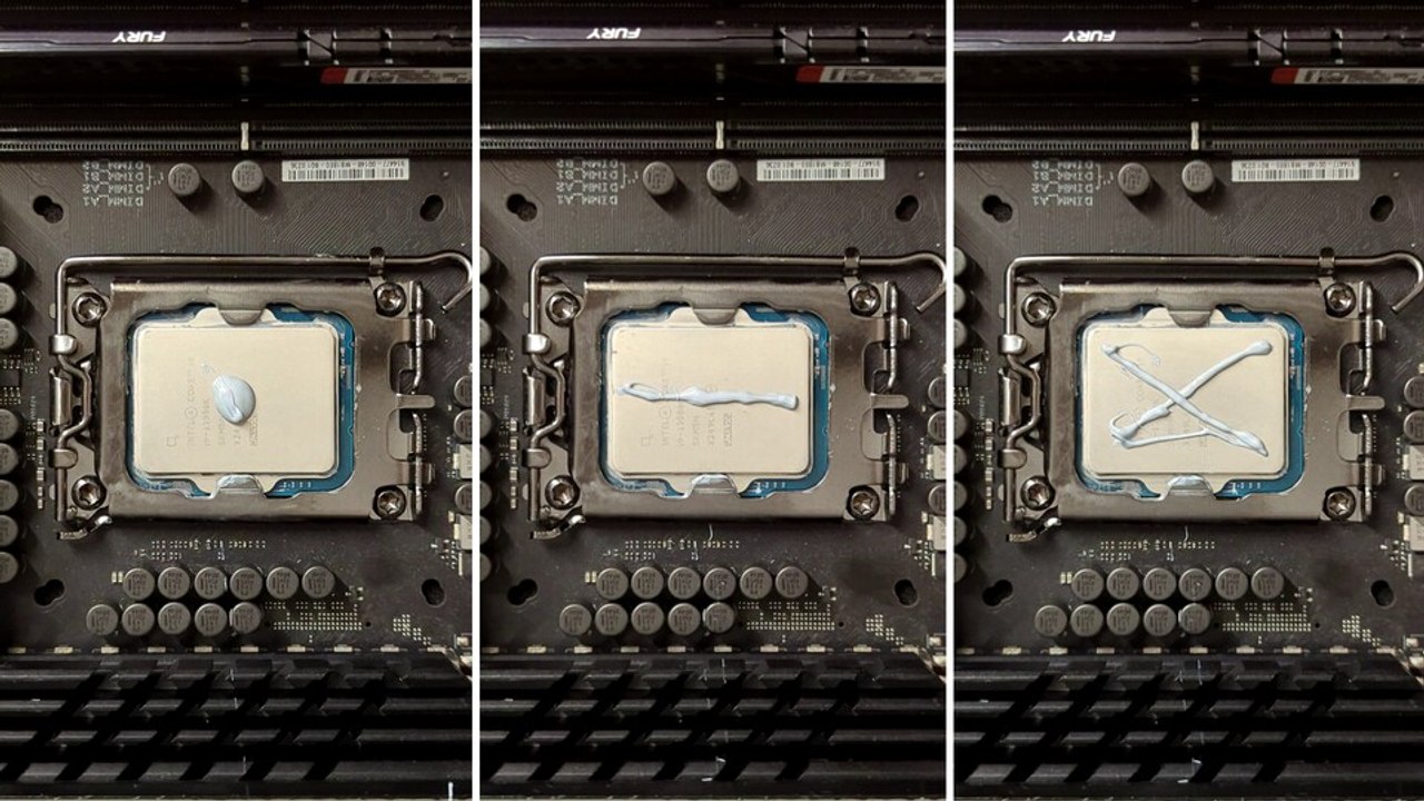 Muster für Wärmeleitpaste im Vergleich: Punkt gegen Strich gegen X