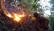Bomberos forestales trabajan para terminar de extinguir el incendio registrado en Saltos de Jima
