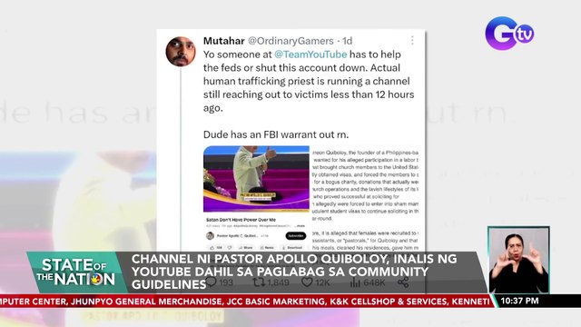 Channel ni Pastor Apollo Quiboloy,inalis ng Youtube dahil sa paglabag sa community guidelines | SONA