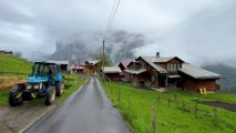 Beautiful rain walking tour in Gimmelwald  A Swiss village 2023