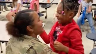 Military Mom Surprises Daughter At School Lunch Table After First Deployment Apart